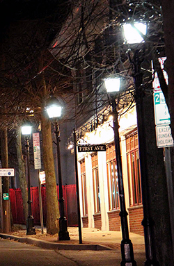 Nighttime view of First Avenue in Islip
