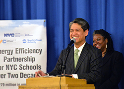 Gil C. Quiniones, president and chief executive officer of the New York Power Authority (NYPA), speaking to students at P.S. 84 on the Upper West Side of Manhattan, at an Earth Week event on April 25 to mark the completion of an energy efficiency lighting project at the K-5th grade elementary school. 